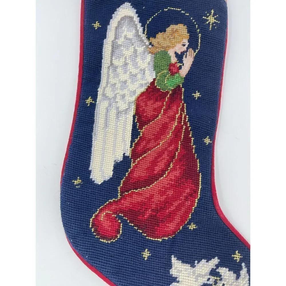 Vintage Needlepoint Christmas Stocking Angel Doves Blue Red Wool Velvet Back